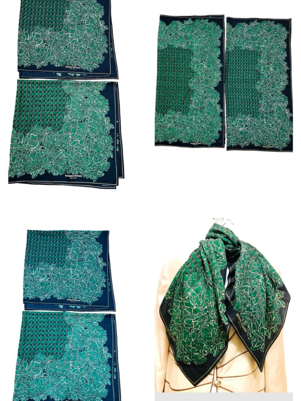 A Pair SONIA RYKIEL Foulards Scarf Shawl 42"  Black White Green Gold Floral  (25 - Picture 11 of 16